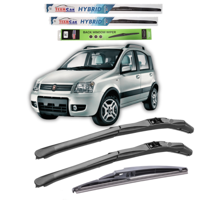 Car with wiper blades displayed above and below, on a white background