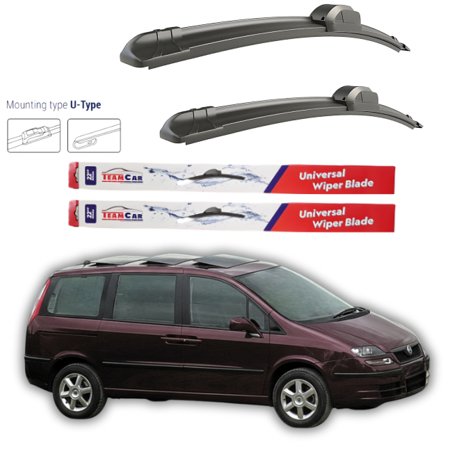 Two car wiper blades and two TeamCar universal wiper blades with a maroon car on a white background.