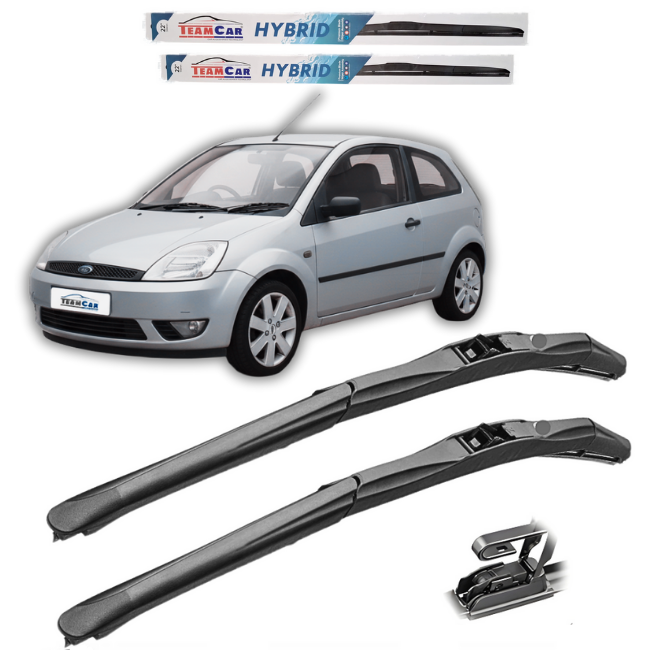 Car wiper blades with a Ford Fiesta V 3 usi (2002–2005) on a white background