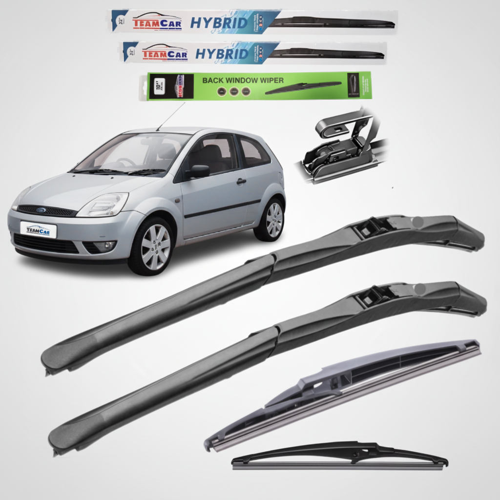Set of car wipers with a Ford Fiesta V 3 doors (2002–2005) on a white background
