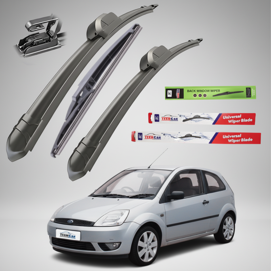 Car wiper blades with packaging and a Ford Fiesta V 3 usi (2002–2005) on a white background