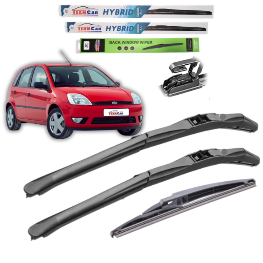Car wiper blades with a red Ford Fiesta V Hatchback 5 uși (2002–2005) in the background