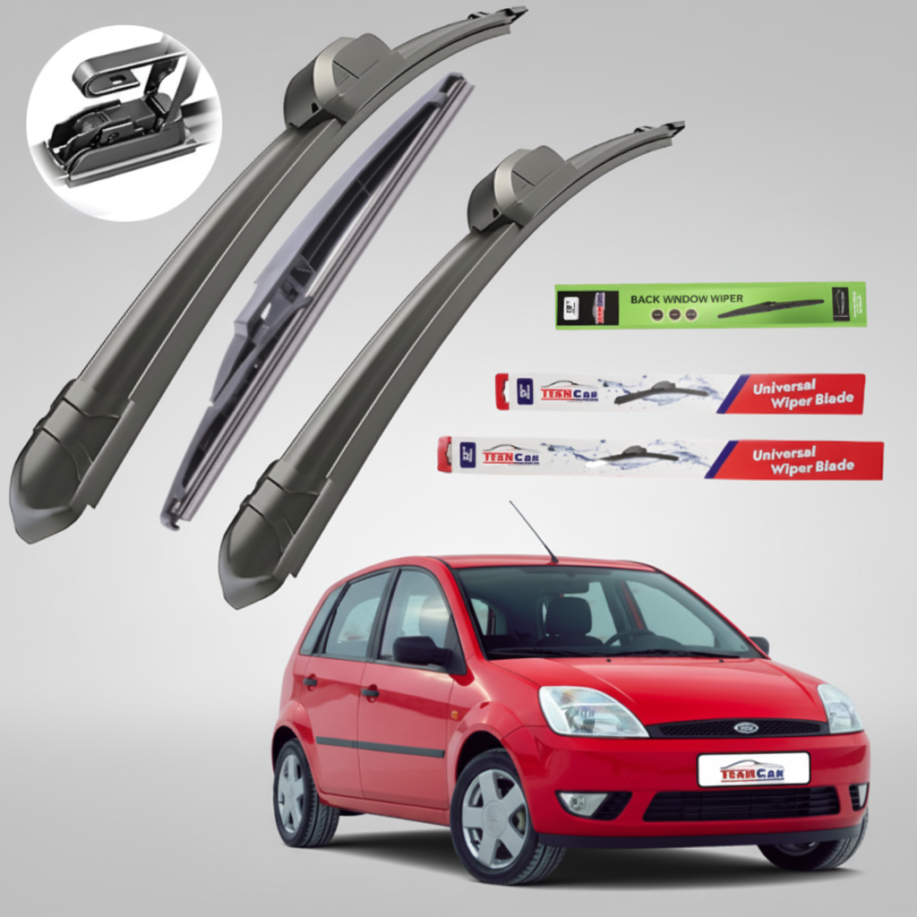 Car wiper blades with packaging and a red Ford Fiesta V Hatchback 5 uși (2002–2005) on a white background