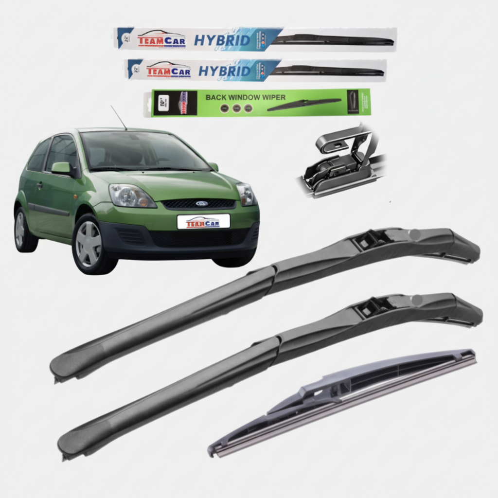 Car wiper blades with packaging and a green Ford Fiesta V Hatchback FL 3 uși (2005–2008) on a white background