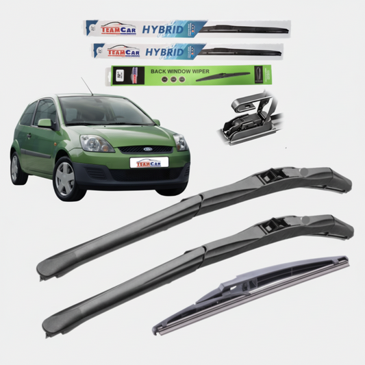 Car wiper blades with packaging and a green Ford Fiesta V Hatchback FL 3 uși (2005–2008) on a white background