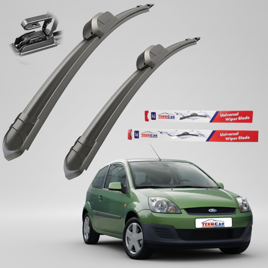 Car wiper blades with TeamCar packaging and a green Ford Fiesta V Hatchback FL 3 uși (2005–2008) on a white background