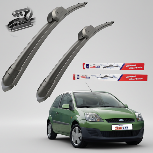 Car wiper blades with TeamCar packaging and a green Ford Fiesta V Hatchback FL 3 uși (2005–2008) on a white background