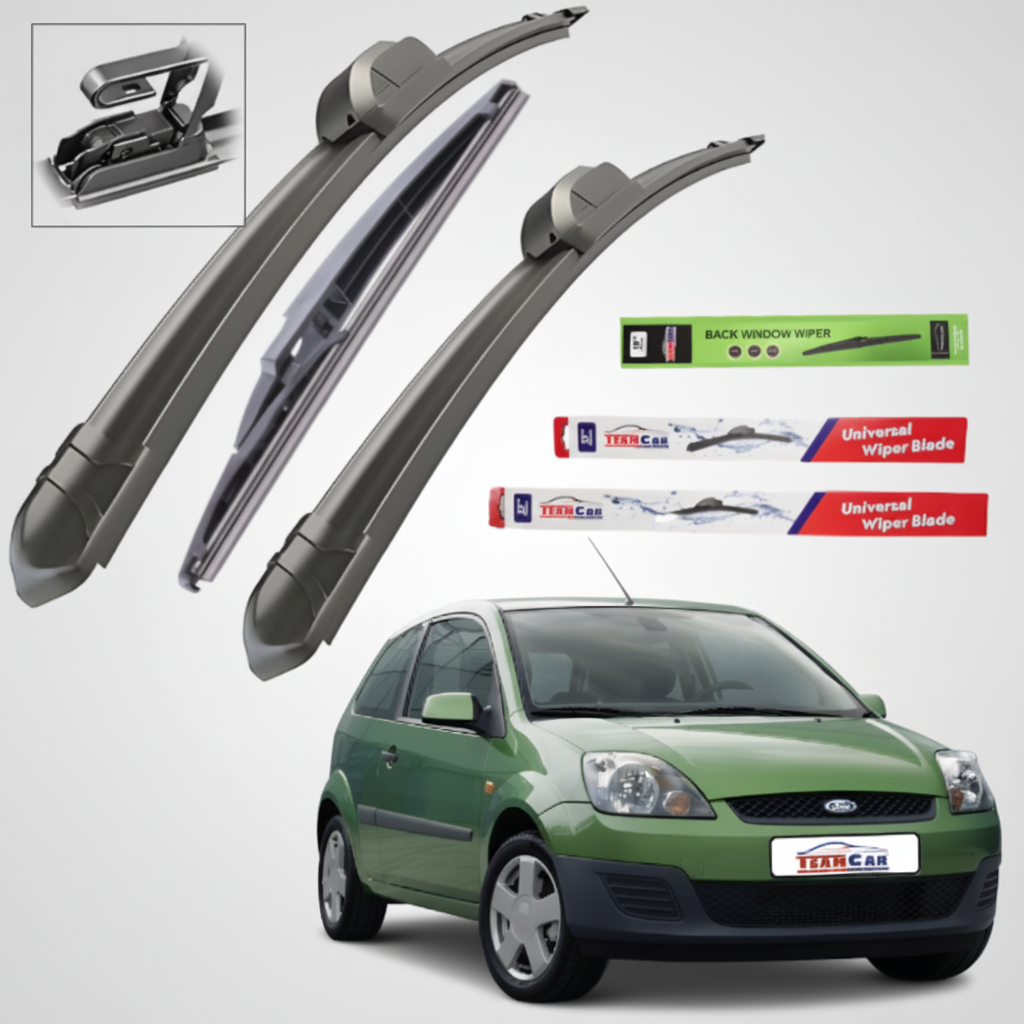 Car wiper blades with a green Ford Fiesta V Hatchback FL 3 uși (2005–2008) on a white background