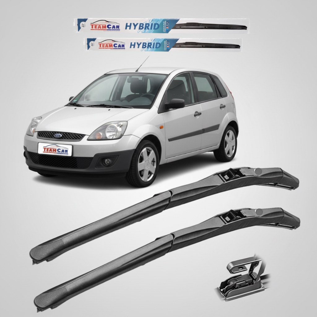 Car wiper blades with a Ford Fiesta V Hatchback FL 5 uși (2005–2008) in the background and 'Team Car' branding.