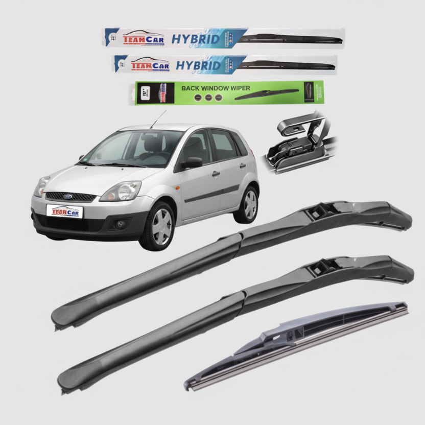 Car wiper blades with a white Ford Fiesta V Hatchback FL 5 uși (2005–2008) in the background, featuring TeamCar branding.