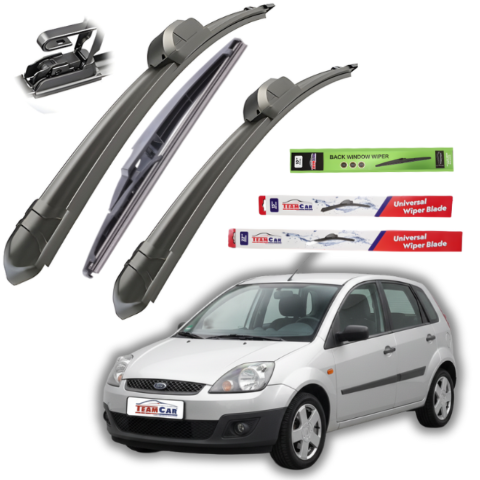 Car wiper blades with packaging and a Ford Fiesta V Hatchback FL 5 uși (2005–2008) on a white background