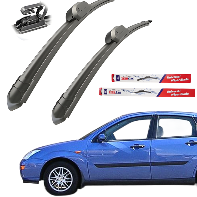 Car wiper blades with packaging and a blue Ford Focus Mk1 (1998–2004) on a white background