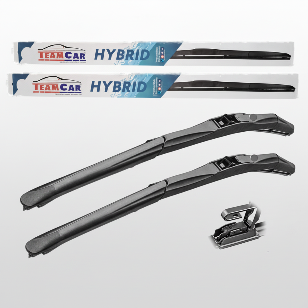 Two TeamCar Hybrid wiper blades with packaging on a white background