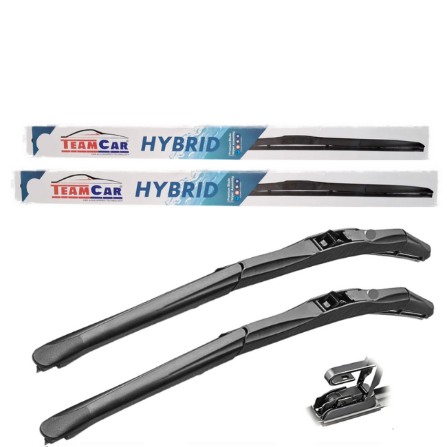 Two TeamCar Hybrid wiper blades with packaging on a white background