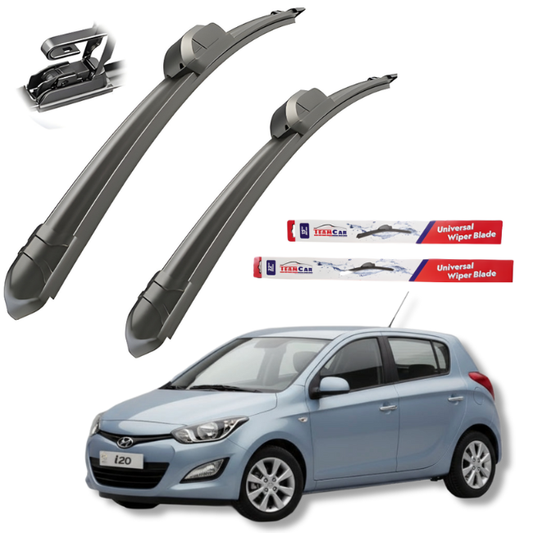 Car wiper blades with a Hyundai i20 I (2008–2014) and Teamcar branding on a white background