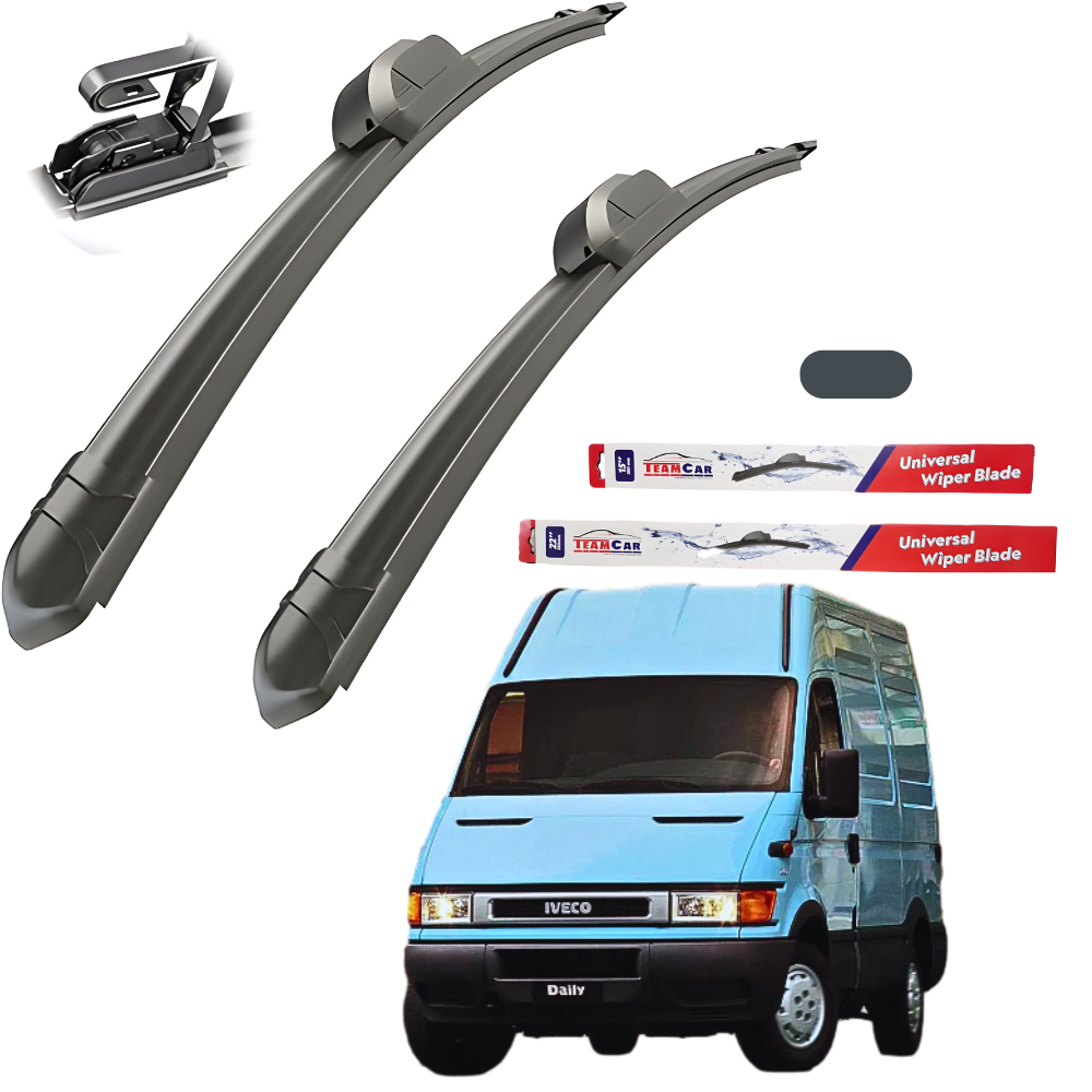 Two car wiper blades with packaging and a blue van on a white background