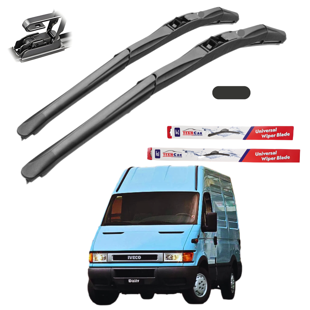 Car wiper blades with packaging and a blue van on a white background
