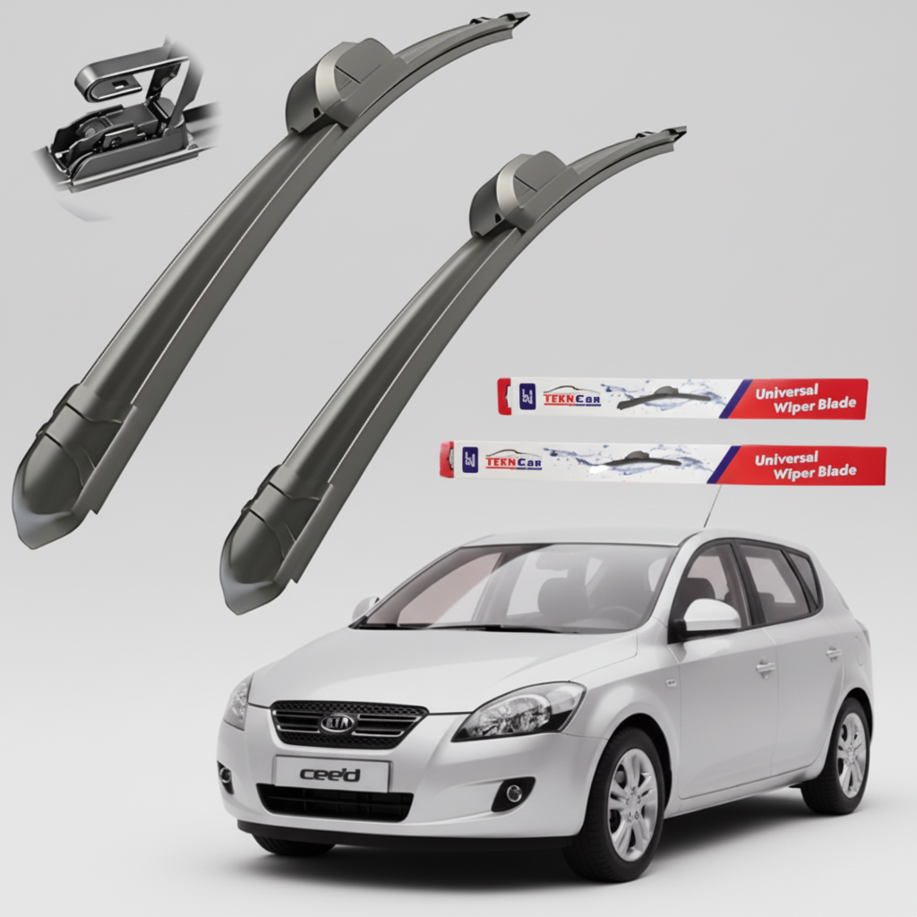 Car wiper blades with packaging and a Kia cee’d I 2006-2009 on a white background
