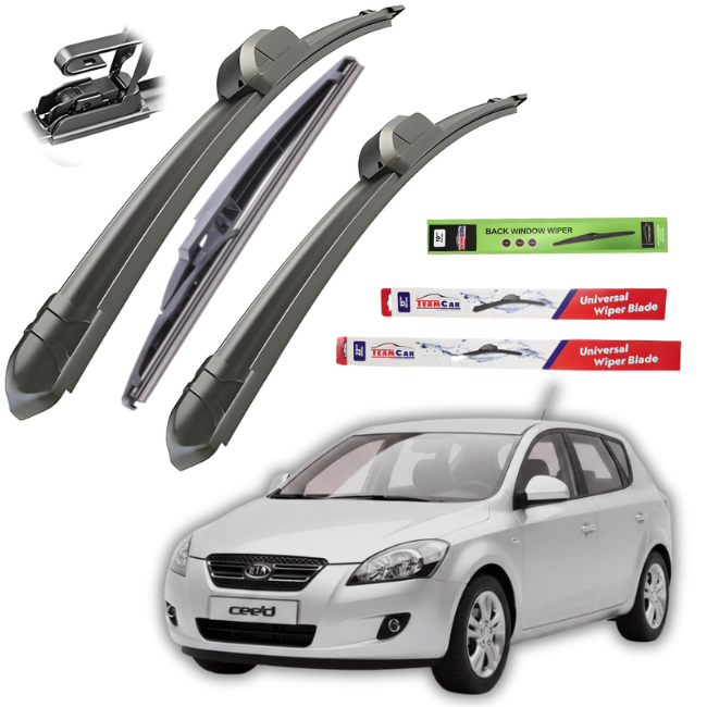 Car wiper blades with packaging and a white Kia cee’d I 2006-2009 on a white background