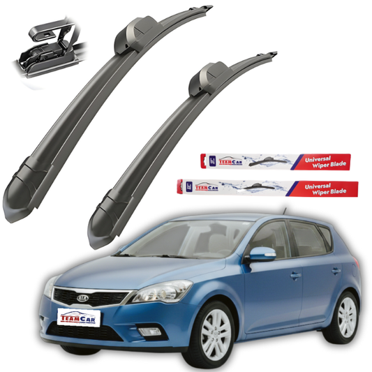 Car wiper blades with packaging and a blue Kia cee’d I 2009-2012 on a white background