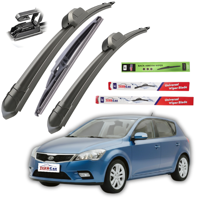 Car wiper blades with packaging and a blue Kia cee’d I 2009-2012 on a white background