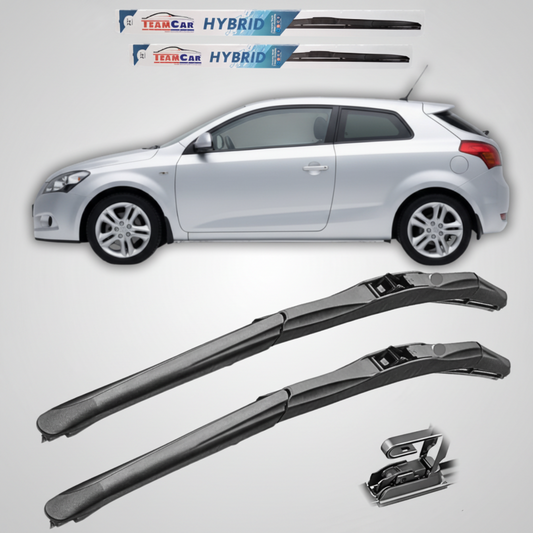 Car wiper blades with a Kia pro_cee’d 2007-2012 in the background, featuring TeamCar Hybrid branding.
