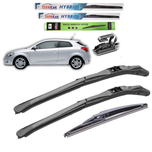 Set of car wipers with a Kia pro_cee’d 2007-2012 and tool on a white background