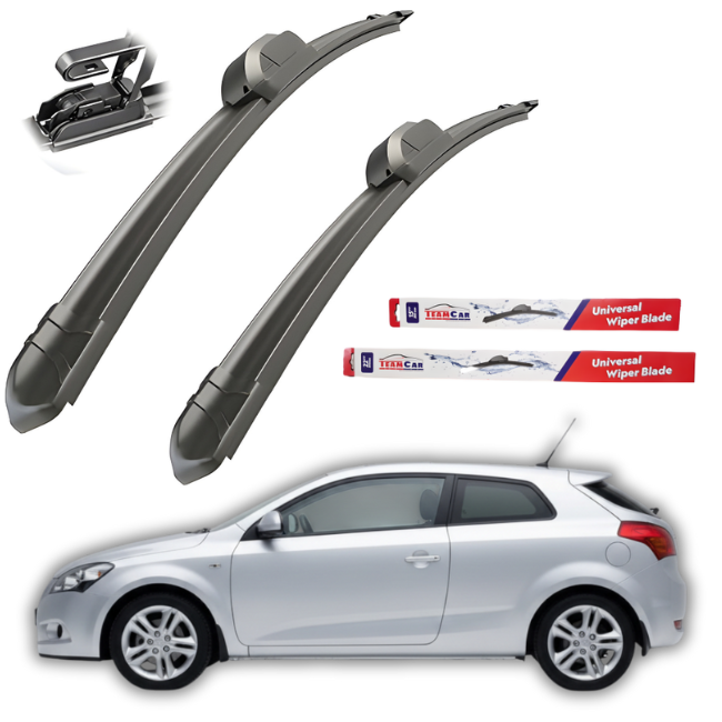 Car wiper blades with packaging and a Kia pro_cee’d 2007-2012 on a white background