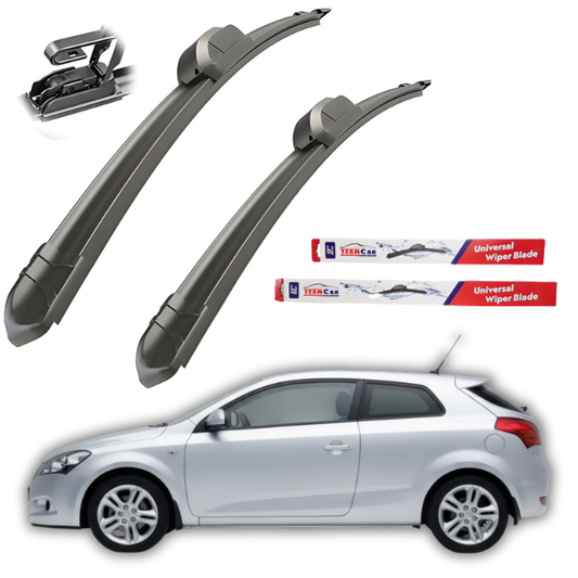 Car wiper blades with packaging and a Kia pro_cee’d 2007-2012 on a white background