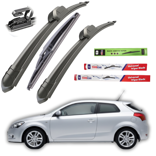 Car wiper blades with packaging and a Kia pro_cee’d 2007-2012 on a white background
