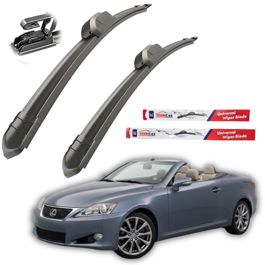 Two car wiper blades with TeamCar packaging and a Lexus convertible car on a white background.