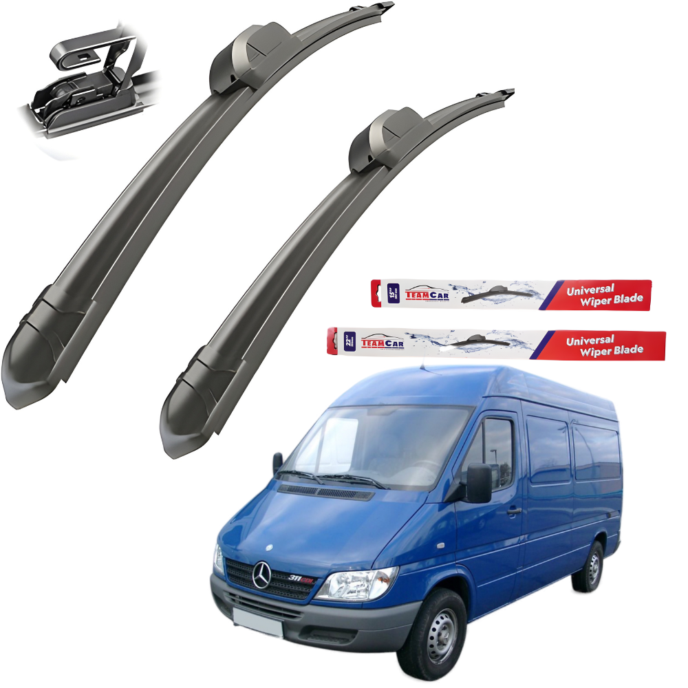 Two car wiper blades with packaging and a blue van on a white background