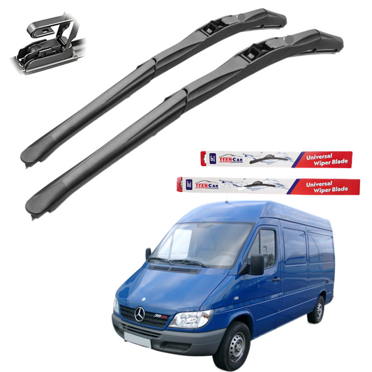 Two car wiper blades with packaging and a blue van on a white background