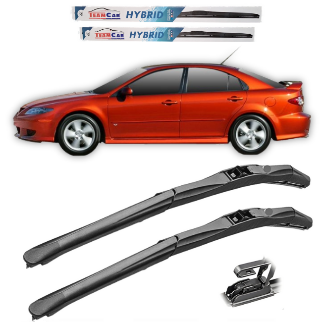 Car wipers with a red Mazda 6 Hatchback 5 uși GG3 (2002–2008) in the background