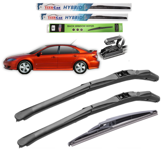 Car wipers with packaging and a Mazda 6 Hatchback 5 uși GG3 (2002–2008) on a white background