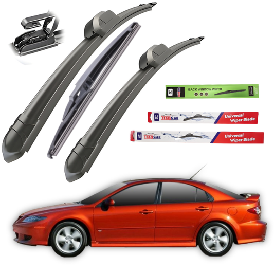 Car wiper blades with packaging and a red cMazda 6 Hatchback 5 uși GG3 (2002–2008) on a white background