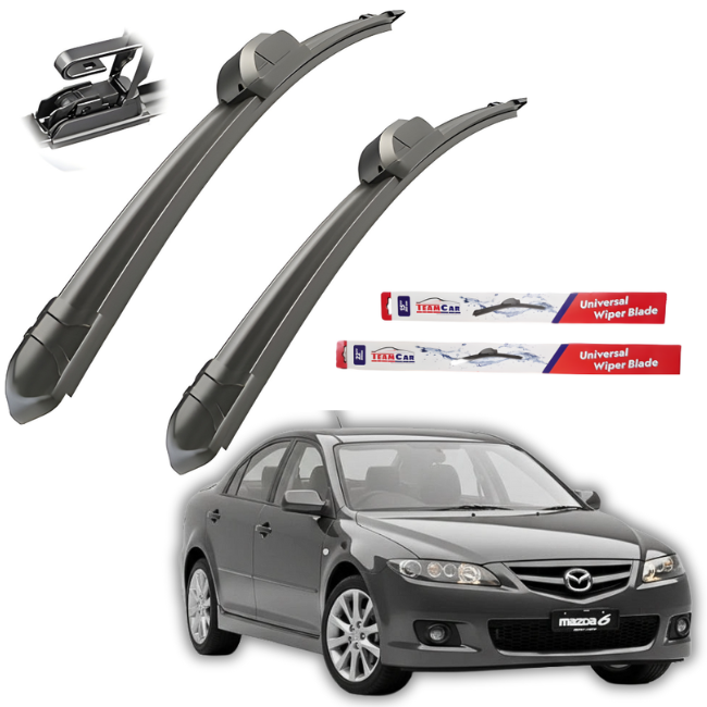 Car wiper blades with a Mazda 6 GG (2002–2008) car on a white background