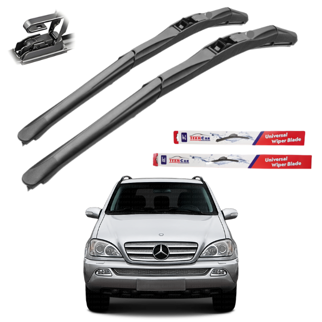 Car wiper blades with packaging and a Mercedes-Benz ML W163 (1997–2005) car on a white background