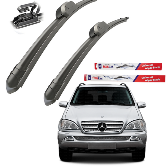 Two car wiper blades with a Mercedes-Benz ML W163 (1997–2005) in the background.