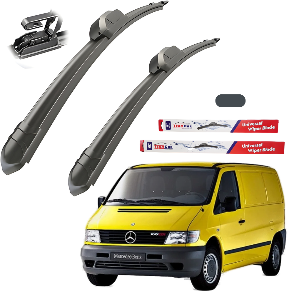 Two car wiper blades with a yellow Mercedes-Benz van on a white background