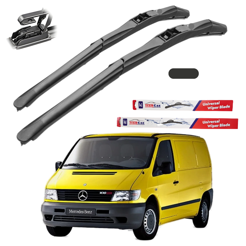 Two car wiper blades with a yellow Mercedes-Benz van and two boxes of Techron wiper blades on a white background.