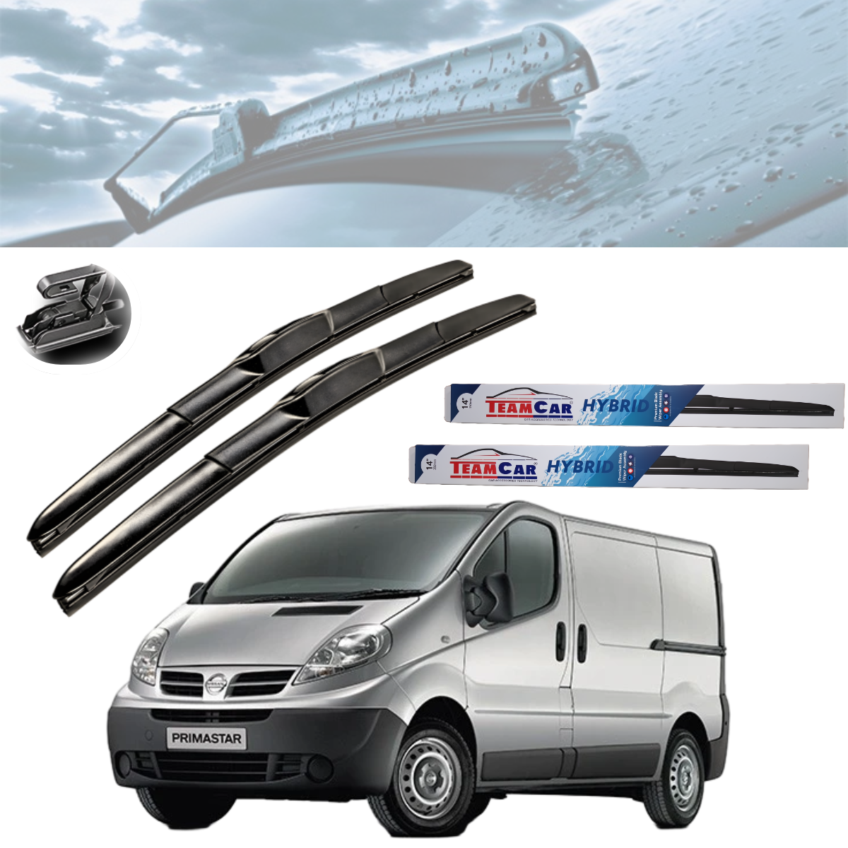 Car wiper blades with a van and Team Car Hybrid packaging on a white background