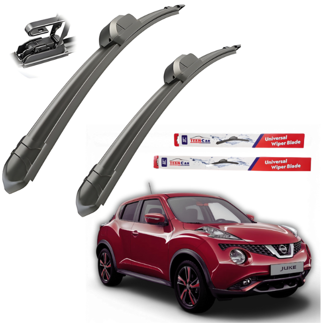 Two car wiper blades with two TechCar wiper blade packages and a red Nissan Juke on a white background.