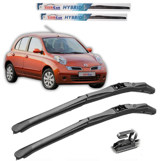 Car wiper blades with a Nissan Micra k12 (2005-2010) model on a white background