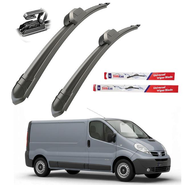 Two car wiper blades with a van in the background