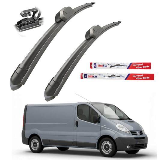 Two car wiper blades with a van in the background