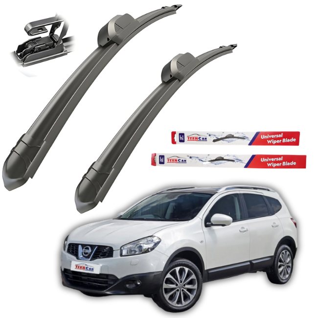 Two car wiper blades with a white Nissan Qashqai J10 (2007–2013)and TeamCar packaging on a white background