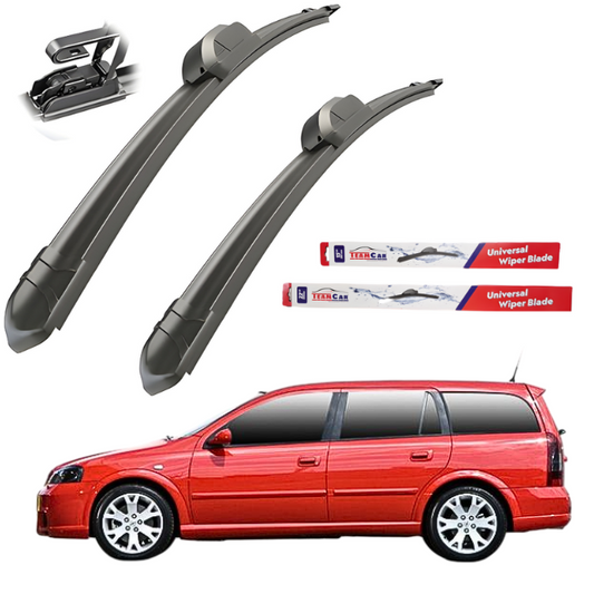 Two car wiper blades with packaging and a red car on a white background