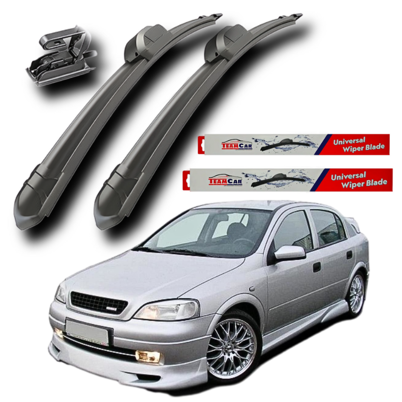 OPEL Astra G Hatchback (1998–2004) wiper blades with a car and TeamCar wiper blade packaging on a white background