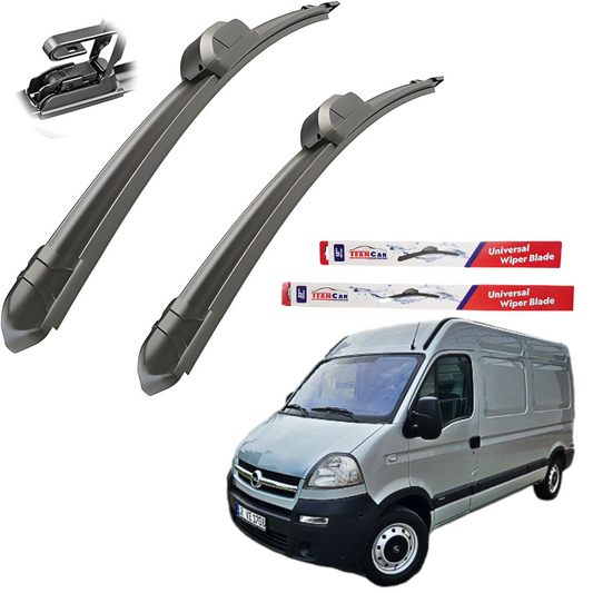 Two car wiper blades with packaging and a van in the background